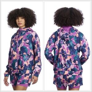 Reebok Women's Hooded Windbreaker Jacket Abstract Watercolor Camo Purple Teal XL